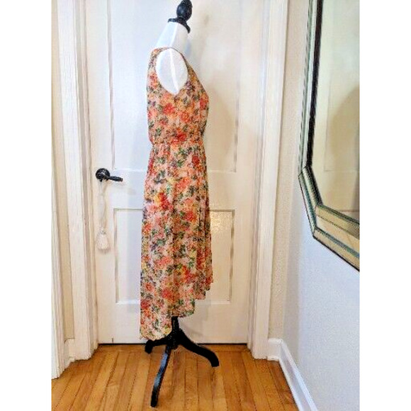 Y2K Chiffon Tapestry Slip Dress M Peach Floral Draped Pleats Hi-Lo Cottagecore - Picture 4 of 12